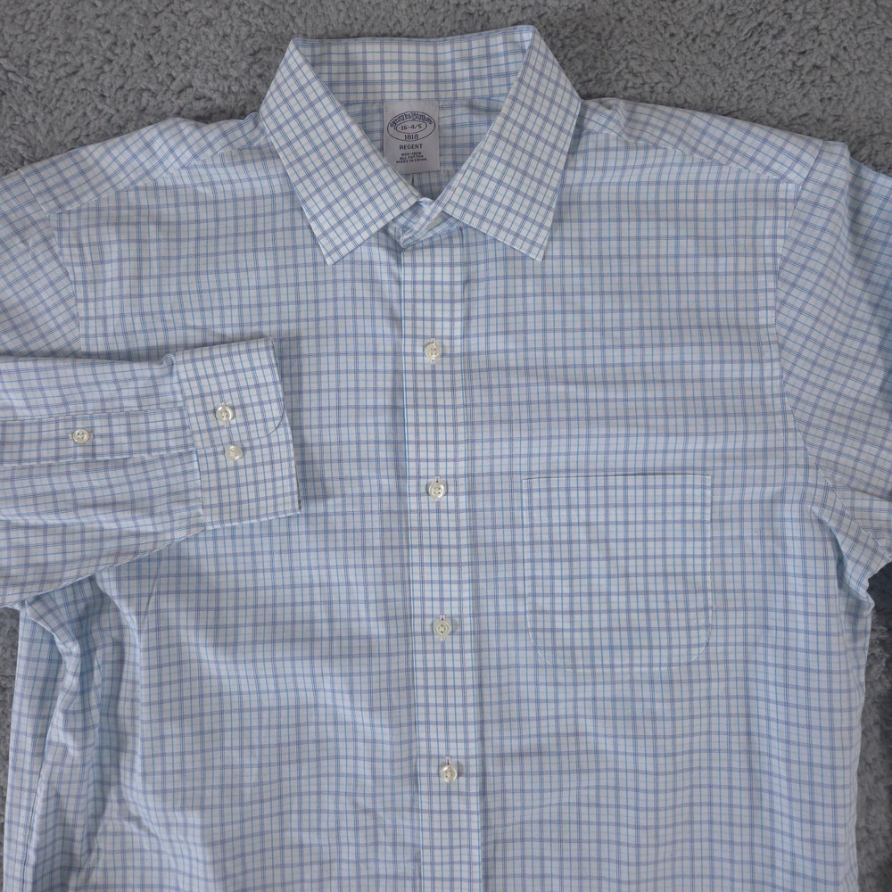 Brooks Brothers Shirt Mens 16 4/5 Large Blue Button Up Plaid Regent Fit Preppy